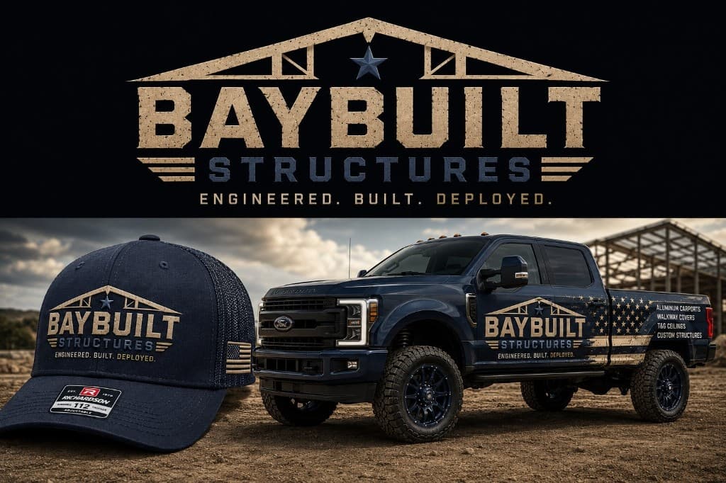 BayBuilt Structures branded truck and apparel